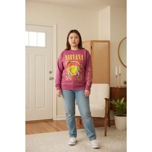 Nirvana Pink Graphic Sweatshirt | Official Band Merch | Smiley Sleeve Print